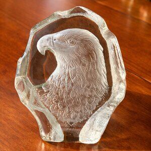 Pressed Glass Eagle Head Paperweight Heavy Clear Glass